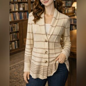 Banana Republic Cardigan Sweater Cream Brown M Medium Stripe Wool Cashmere Touch